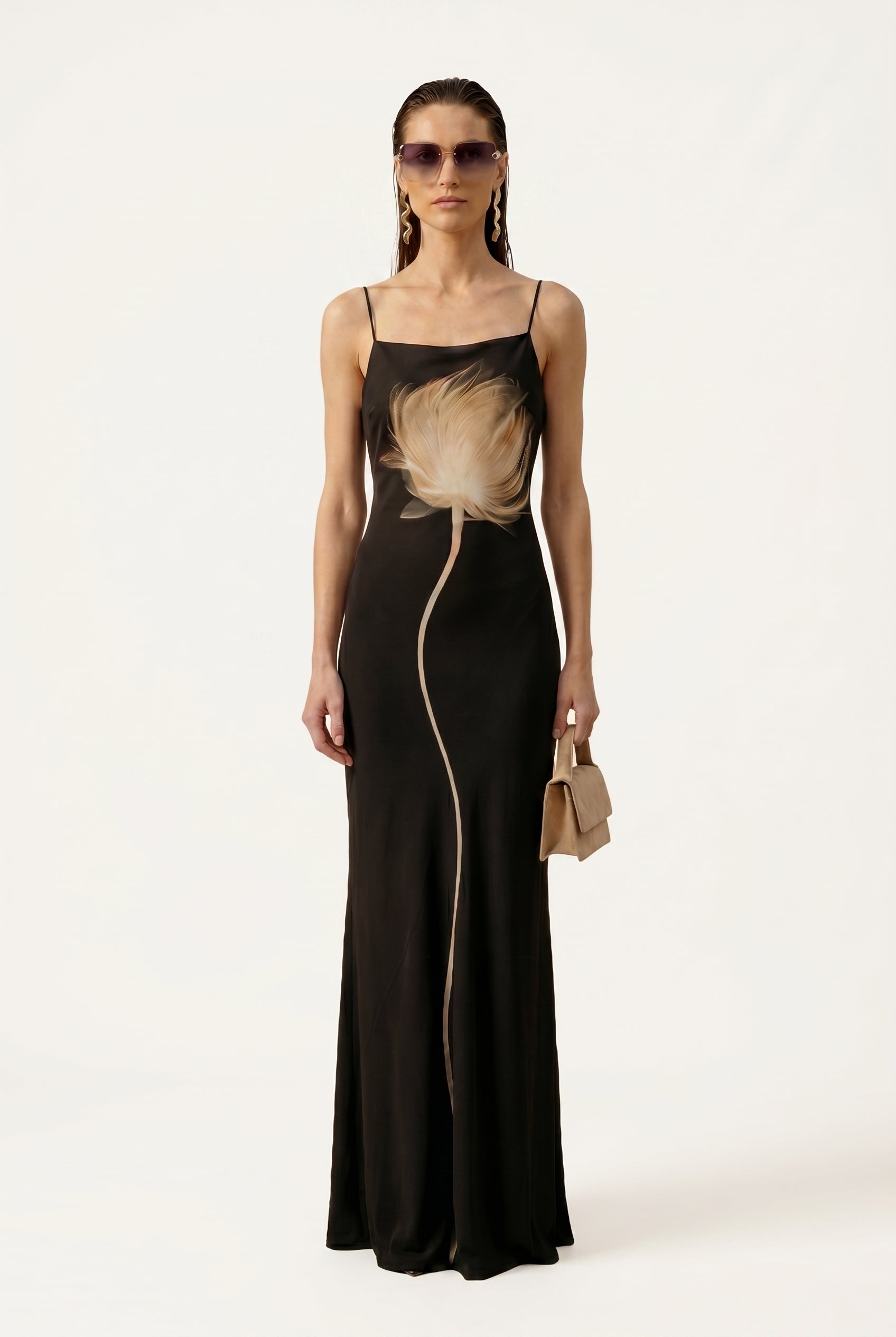 Black Flower Silk Atena Dress