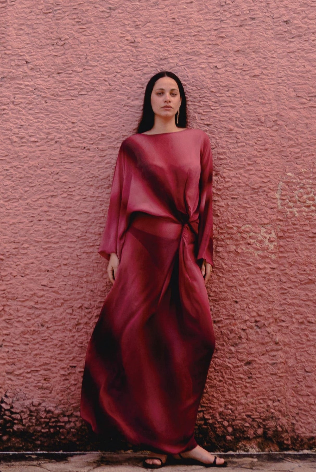 Long silk dress for woman, chic and elegant. Open back, transparent, costume print.  Perfect for wedding guest outfit, beach sunset, rooftop sunset, resort wear, vacation outfit, chic city dinner, aperitif.