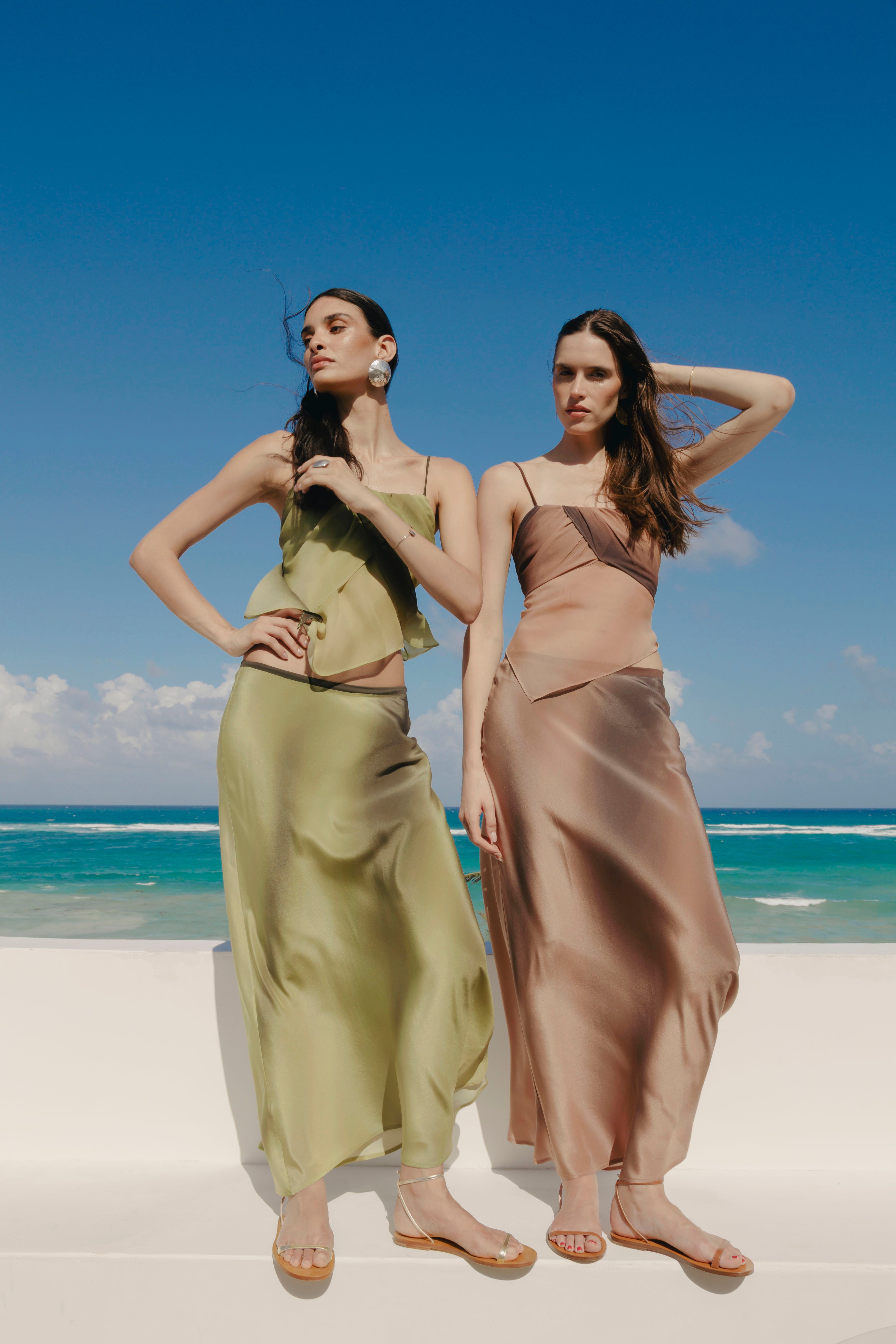 luxury elegant beach summer georgette silk set in brown and green Mary Jane Tulum Resort Wear beachwear 